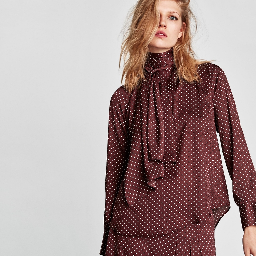 Zara S maroon polka dot blouse with bow